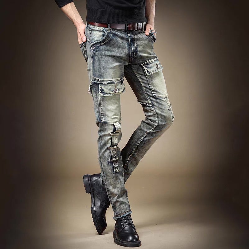 Stretch Jeans Men'S Trendy Slim-Fit Slimming Nostalgic Skinny Pants With Holes Stitching Pleated Mecha Men'S Pants - Image 3